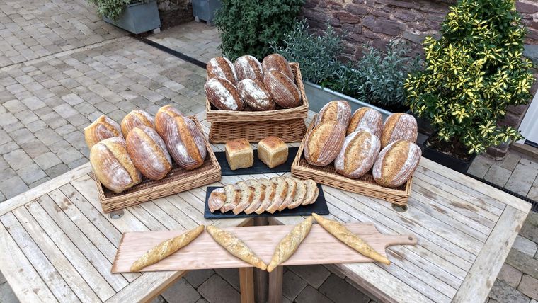 The morning spread, from above — The Globe Bakery, Laugharne